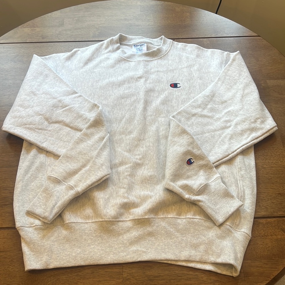 Champion, men’s, size medium, grey crew neck sweatshirt